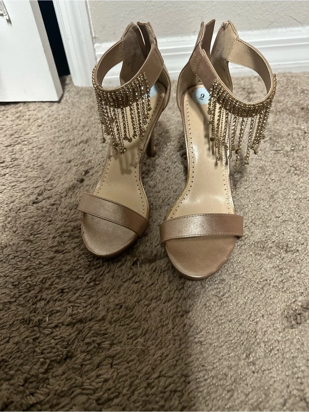 Adrienne Vittadini Nude Ankle-Strap Heels with Gold Fringe